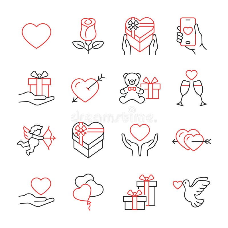 Valentine\'s day line color icon set. Love collection with heart, rose, present, cupid, balloon, dove. Vector illustration vector illustration