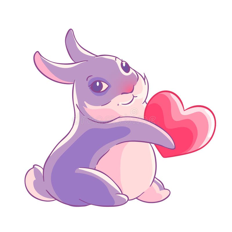 Valentine`s day. Purple Bunny holding a heart in his paws. Vector illustration