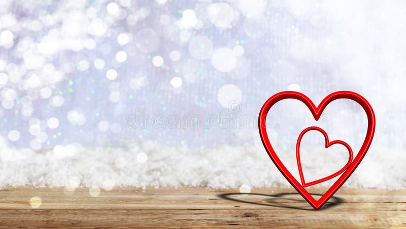 Valentine`s day. Red attached hearts on blur snow background, banner, copy space. 3d illustration