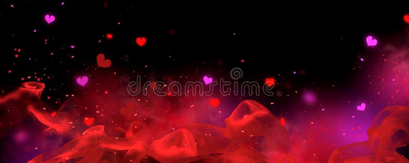 Valentine`s Day red and black Background. Holiday Blinking Abstract Valentine Backdrop with Glowing Hearts. Heart Shape Bokeh vector illustration