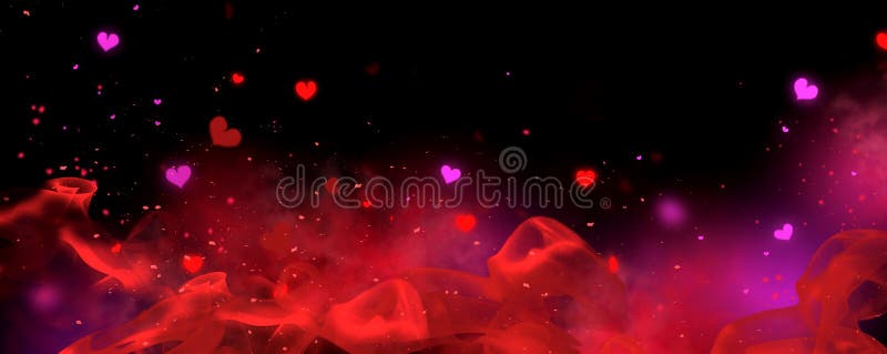 Valentine`s Day red and black Background. Holiday Blinking Abstract Valentine Backdrop with Glowing Hearts. Heart Shape Bokeh