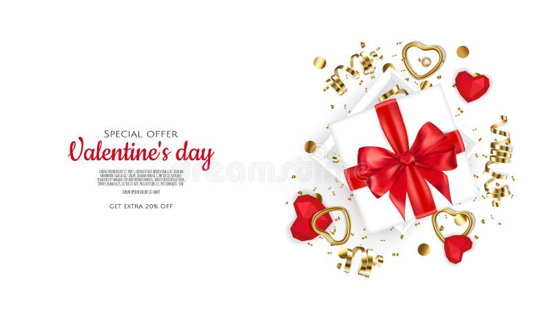 Valentine s day sale background with gold hearts and gift. Vector background for poster, banners, flyers, card.