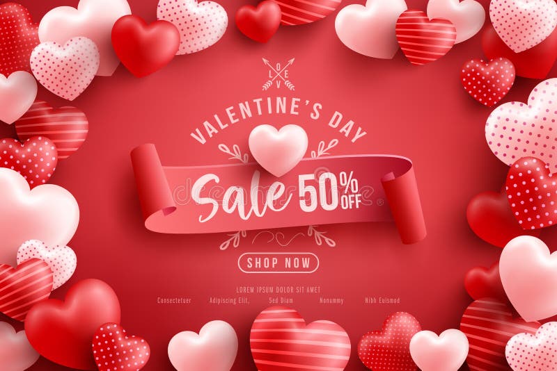 Valentine`s Day Sale 50% off Poster or banner with many sweet hearts and on red background.Promotion and shopping template or