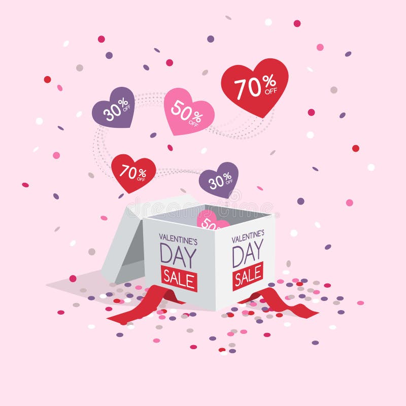 Valentine`s day sale symbol with box and flying hearts and confetti stock illustration Valentine`s day sale symbol with box and flying hearts and confetti stock illustration