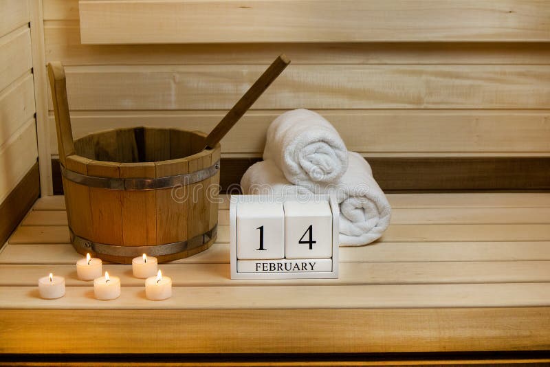 Valentine S Day Sauna February 14 Calendar Candles Bucket Copy Space Stock Image Image Of