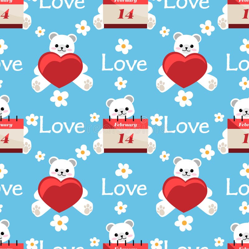 Valentine`s Day seamless pattern of cute polar bear with calendar February 14 and red heart with cute white flowers and Love text.