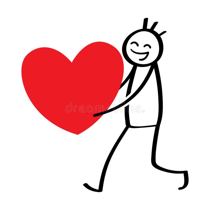 Valentine`s Day, stick figure carrying huge heart