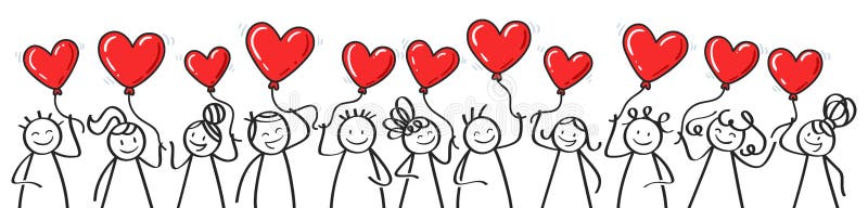 Valentine`s Day, stick figures holding heart shaped balloons, horizontal banner, Mother`s Day, love, wedding invitation