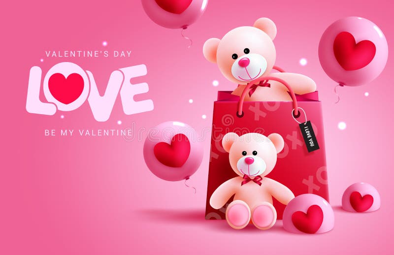 Valentine`s day teddy bear vector design. Happy valentine`s day love text with cute teddy bear