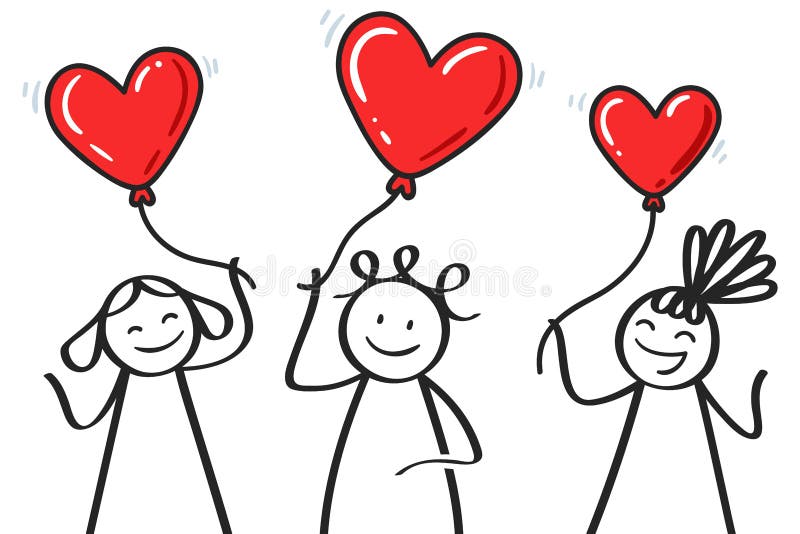 Valentine`s Day, three stick figures holding heart shaped balloons, Mother`s Day, love, wedding invitation
