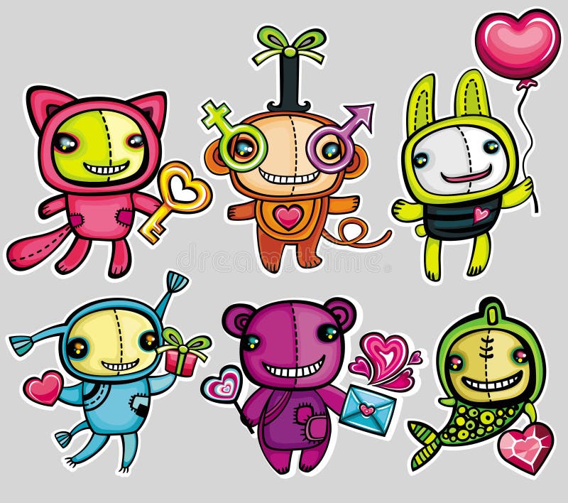 Valentine's day toy animals. funny kitty with key to your heart, little monkey with gender signs glasses, cute rabbit with pink balloon, pretty doll with Valentine gift, teddy bear with heart shaped lollipop anf love letter, fish, with diamond heart symbol. Shaped gift vectors