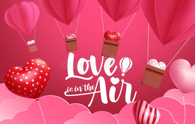 Valentine`s day  vector background design. Love is in the air text with heart balloon and hearts hot air balloon paper cut element