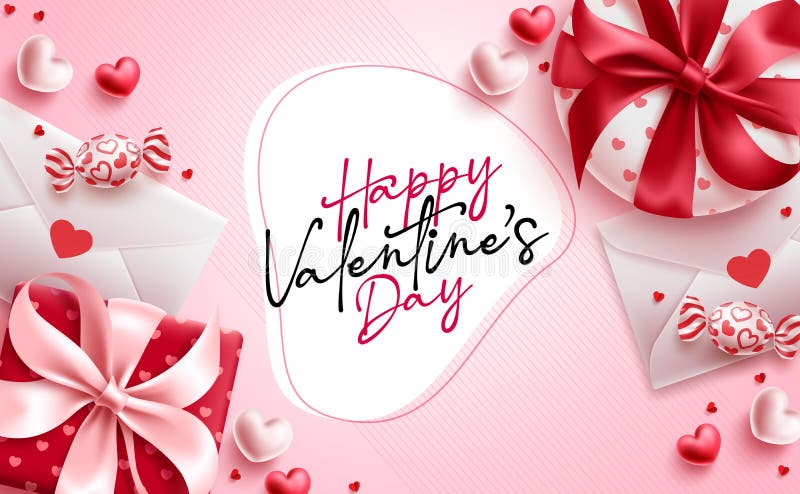 Valentine`s day vector design background. Happy valentine`s day text with gift boxes and love letter elements.