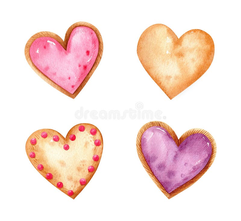 Valentine`s day watercolor set with heart shaped cookies with fruit filling and festive decor