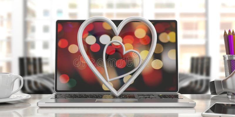 Valentine`s day. White attached hearts on a computer, blur office background. 3d illustration