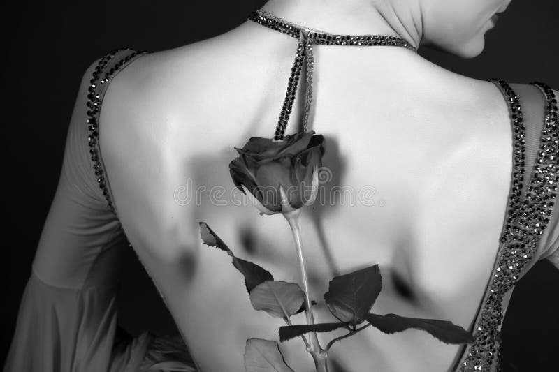 Valentine s'est levé derrière la femelle de retour dans la robe image stock Valentine s'est levé derrière la femelle de retour dans la robe image stock