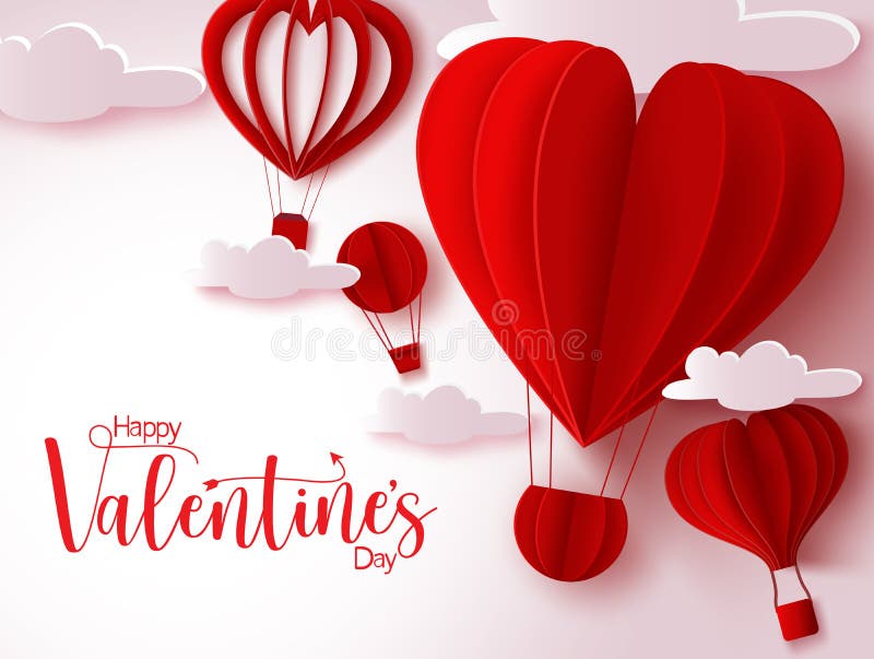 Valentine`s vector background design. Happy valentine`s day text with red heart shape hot air balloon and clouds paper cut element