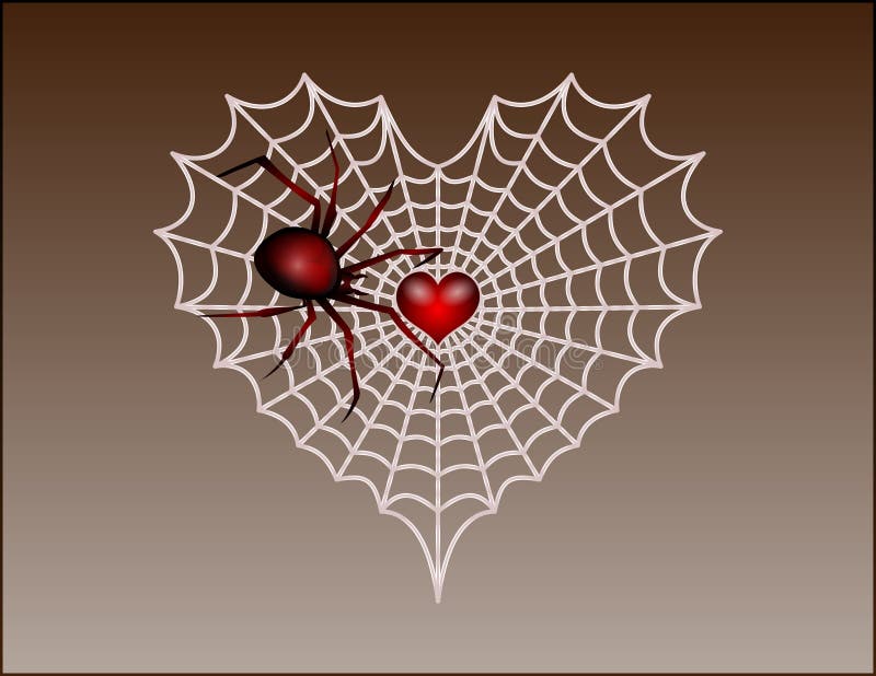 Illustration of a Valentine's Day heart shaped spider web with a spide...