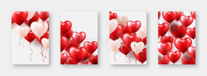 Valentine&x27;s Day banners with red heart balloons. Wedding invitation card template, love background. Mother&x27;s Day