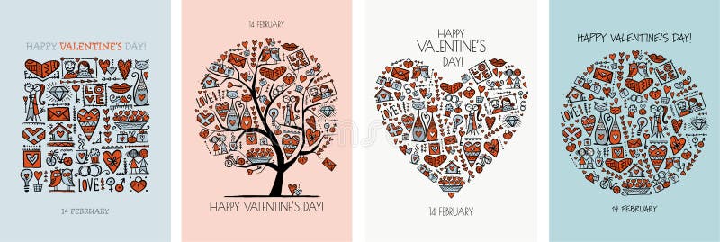 Valentine&x27;s day card design. Love Tree, Art Frame, Heart shape. Wedding set.