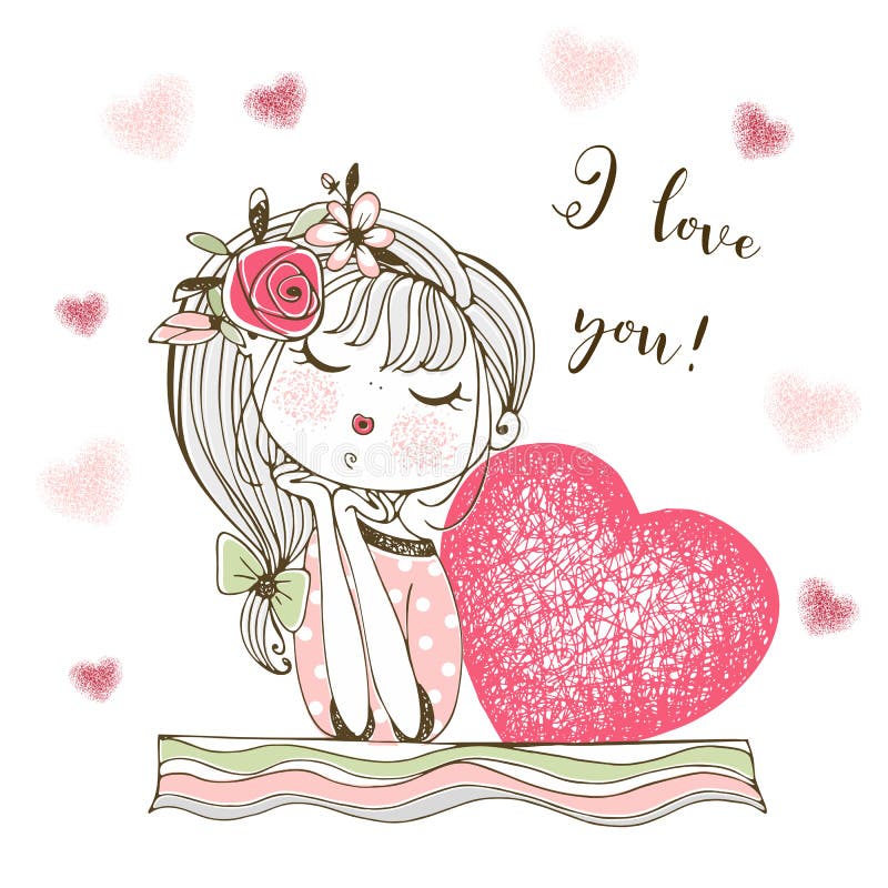 A Valentine&x27;s Day card. A pretty girl with a big heart. A declaration of love. Vector
