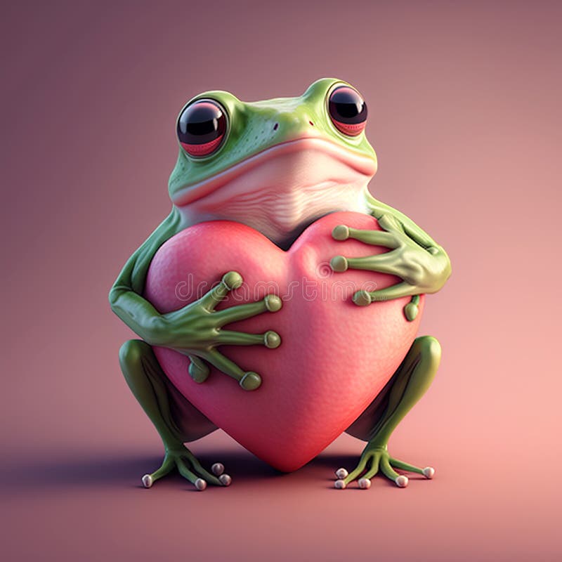 Valentine&x27;s Day greeting card with frog holding heart. Romantic frog offers love by hugging heart. Generative AI.