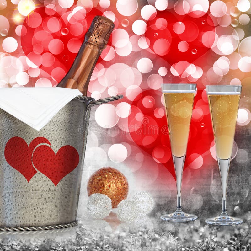 Valentiner hjärta sombakgrund med champagne i tappning försilvrar, ösregnar arkivfoton