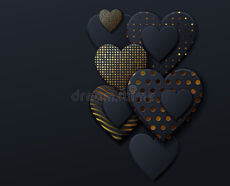Valentines Day Background with Black Hearts and Gold Pattern. Gold ...