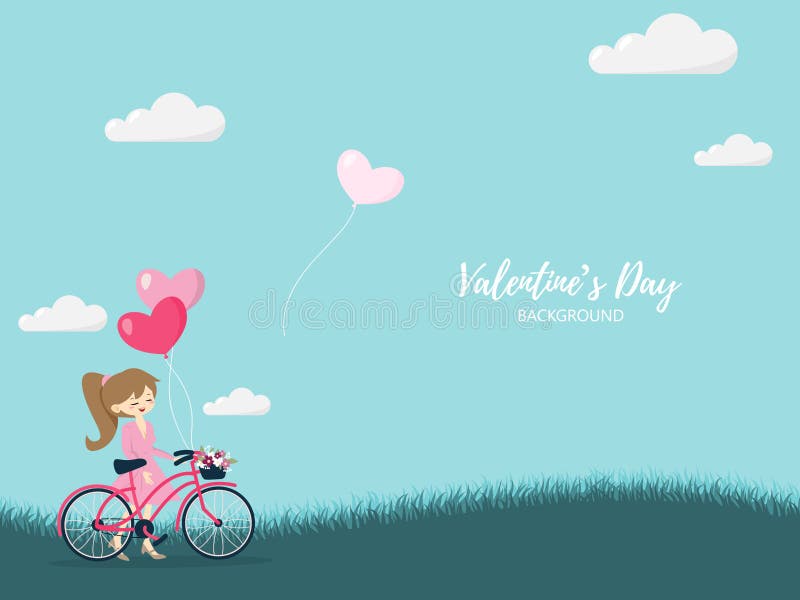 Valentines Day BackgroundValentines Day Background with Cute Girl Stands  Near Bicycle with a Basket Full of Flowers. Stock Vector - Illustration of  basket, event: 167052053