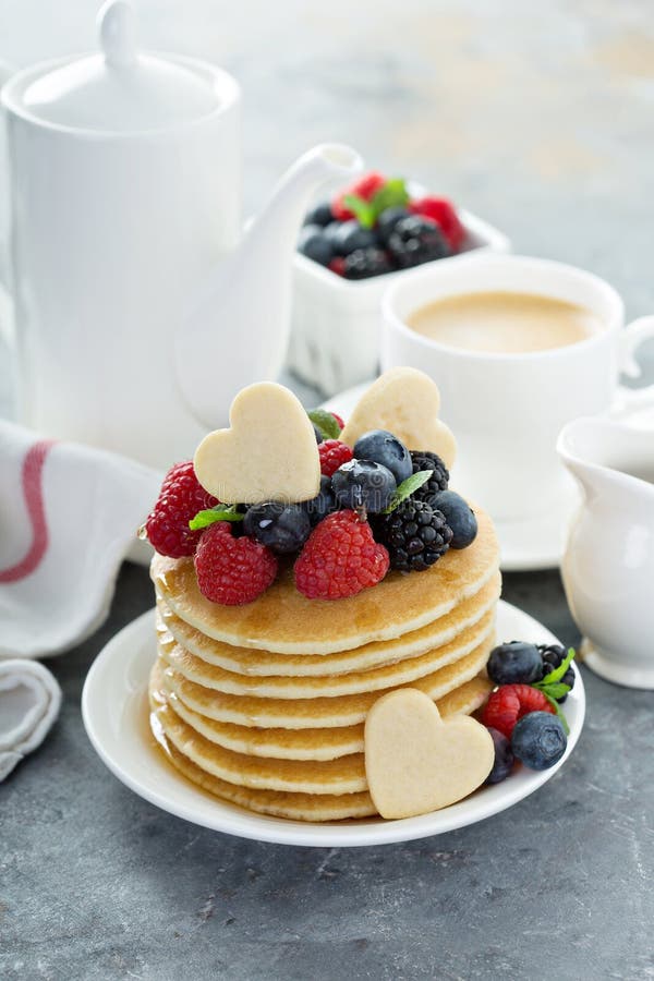 Valentines Day Breakfast, Pancakes with Hearts Topping Stock Photo - Image  of colorful, fresh: 137233638