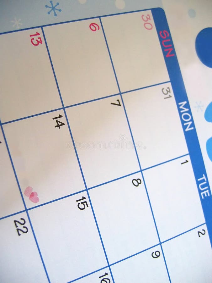 Modré a bílé kalendář s srdce na čtrnácté pro Valentines Day.