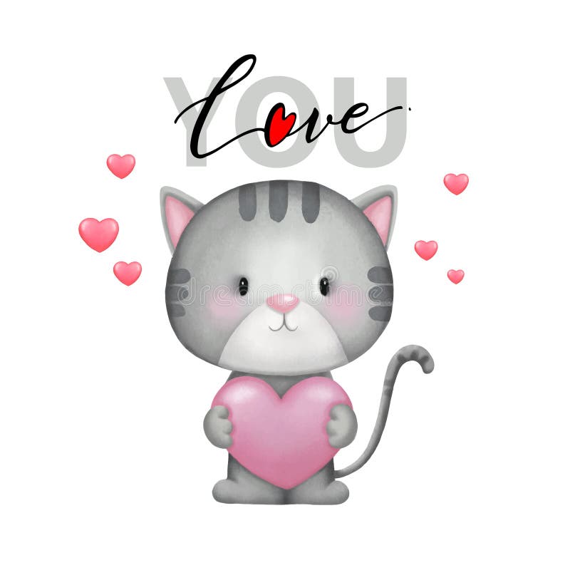 Valentines Day Card with Cute Grey Cat Holding Pink Shaped Heart Pillow ...