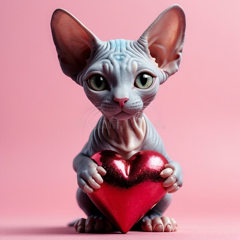 Valentines day. A cute sphynx cat holding a red heart. AI vector illustration