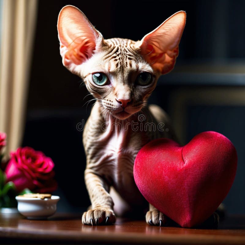 Valentines day. A cute sphynx cat holding a red heart. AI vector illustration