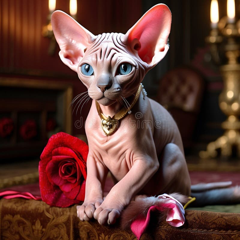Valentines day. A cute sphynx cat holding a red heart. AI royalty free illustration