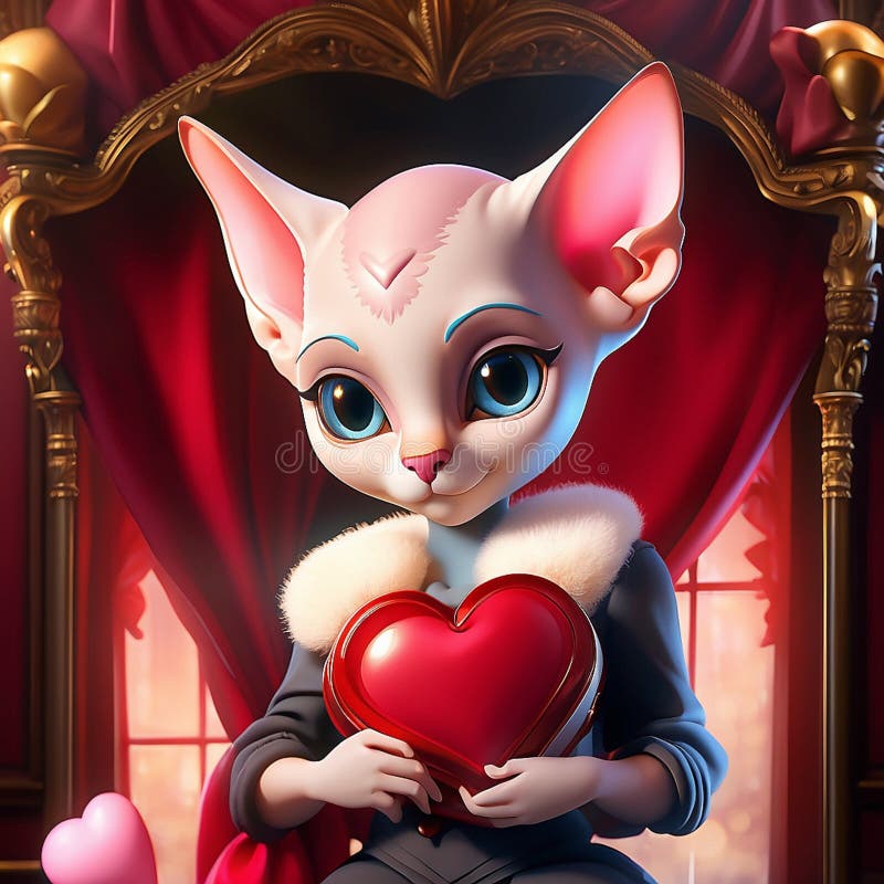 Valentines day. A cute sphynx cat holding a red heart. AI stock illustration