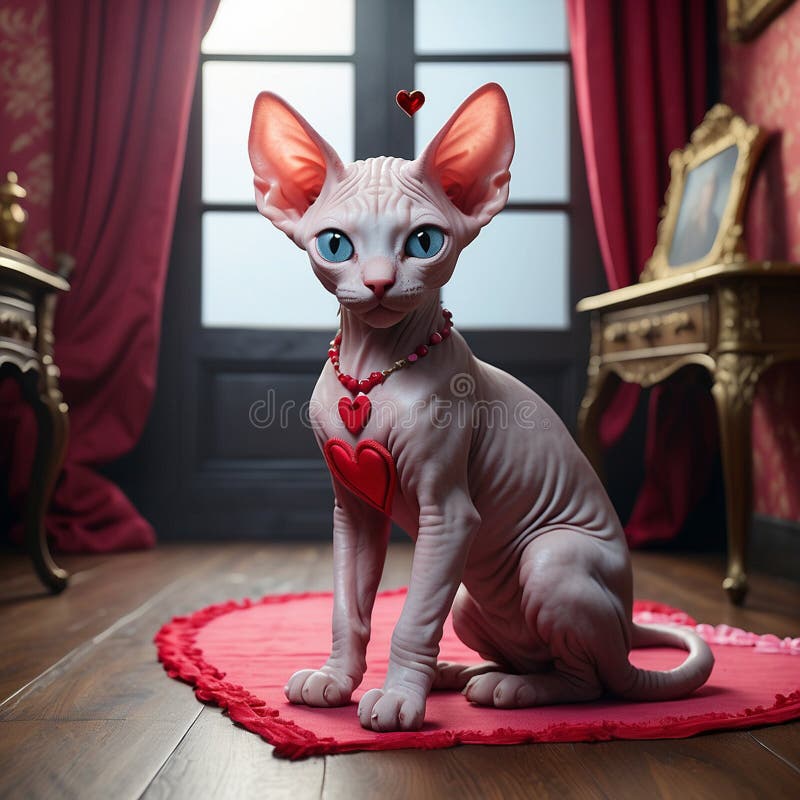 Valentines day. A cute sphynx cat holding a red heart. AI stock illustration