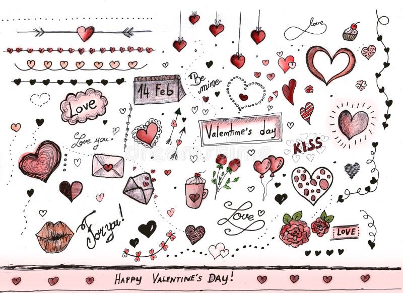 Hand drawn doodle illustrations related to valentines day on a white backgr...