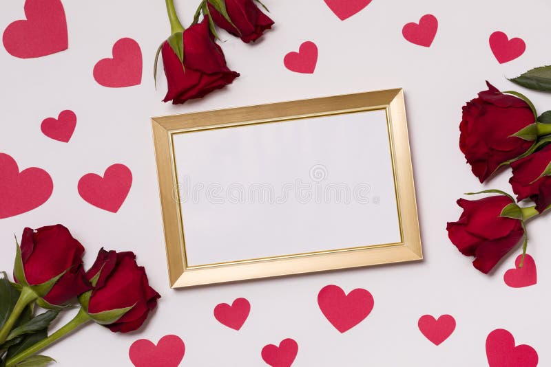 Valentines day,empty frame,seamless white background,red roses,hearts,message,free copy text space