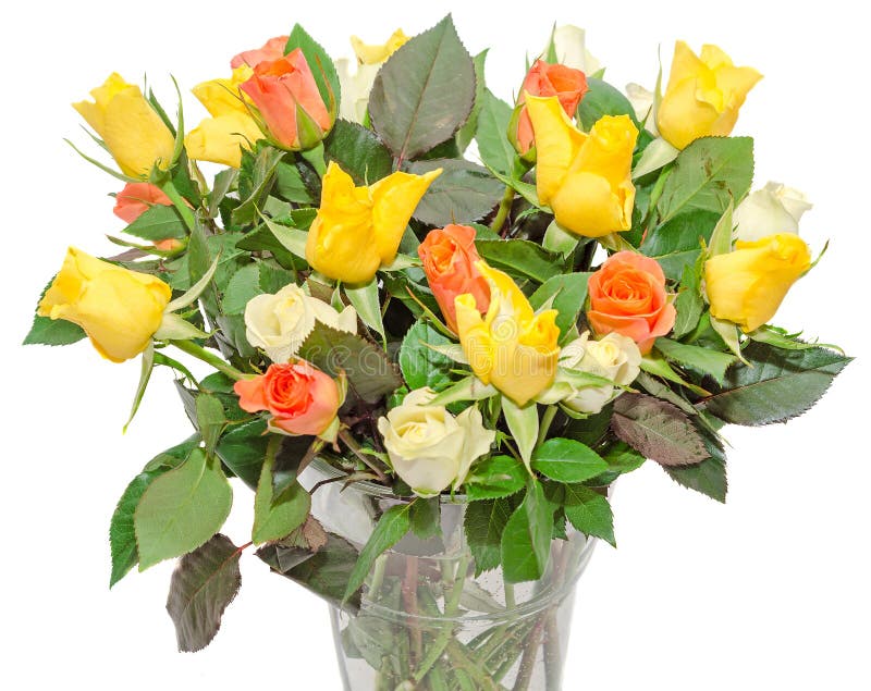 Valentines day flowers with white, orange, red and yellow roses flowers.