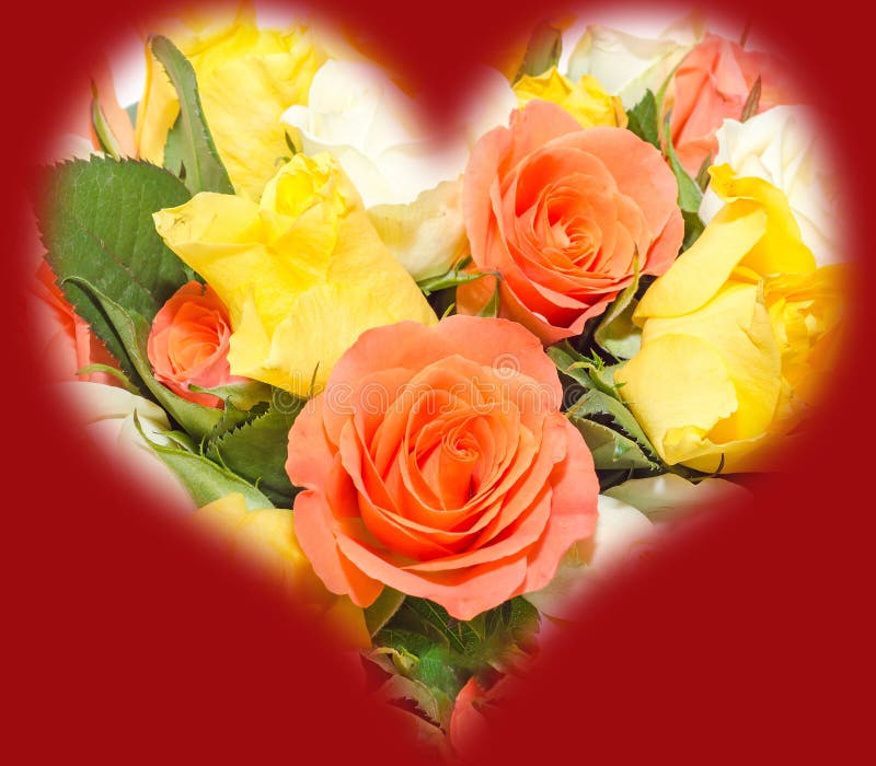 Valentines day flowers with white, orange, red and yellow roses flowers.