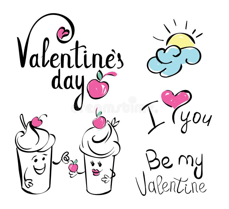 Valentines day. I love you. Vector card with handwritten calligraphy text and red hearts on white background. Ice cream charac stock illustration Valentines day. I love you. Vector card with handwritten calligraphy text and red hearts on white background. Ice cream charac stock illustration