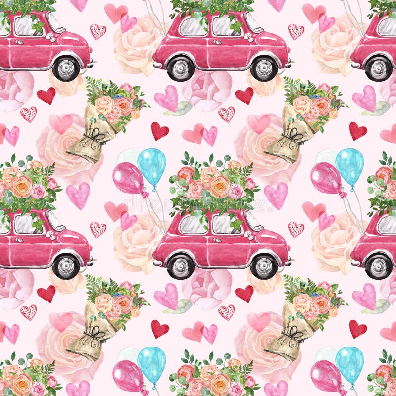 Valentines day painted seamless pattern. Watercolor car, pink rose, balloons, floral bouquet, hearts on pink background. Love