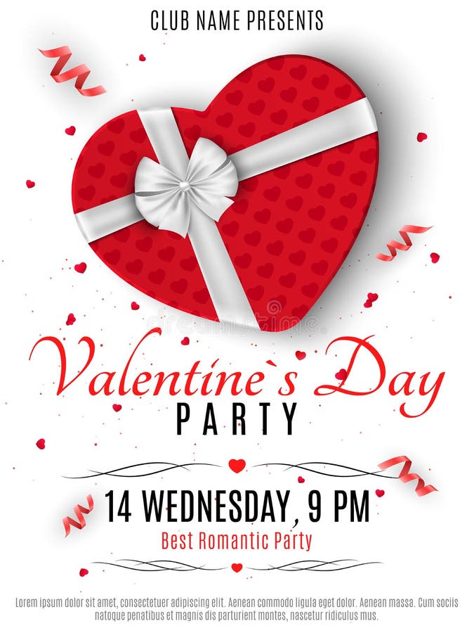 Valentines Day party flyer. Red box from the heart and a white ribbon with a bow. Romantic composition on a white background. Conf