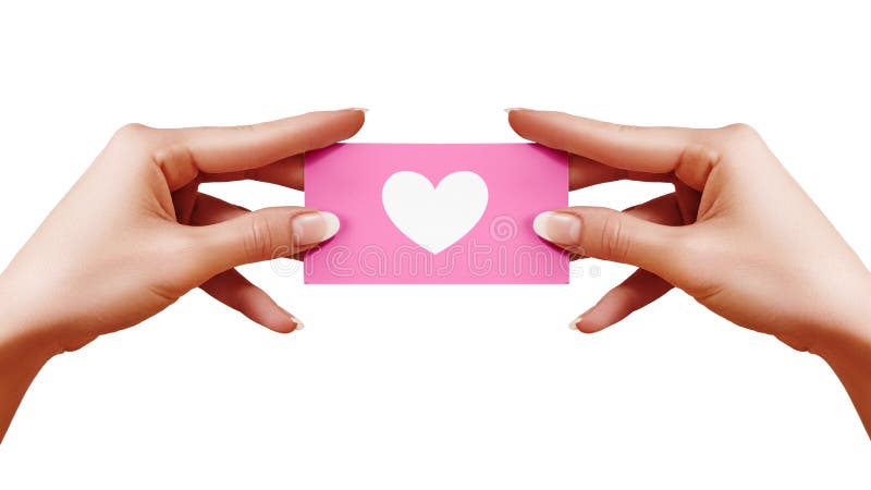 Valentines Day postcard with shape Heart in female Hand on white background. Tender Pink Gift card. Love and Happiness symbol.