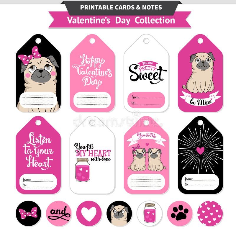 Valentines day printable set wih funny pugs and lettering. Vector printable cards, notes, stickers and banners. Valentines day printable set wih funny pugs and lettering. Vector printable cards, notes, stickers and banners.