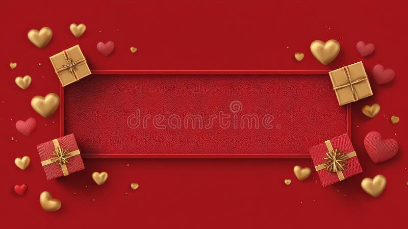 Valentines day red banner with gift boxes and golden hearts stock photos
