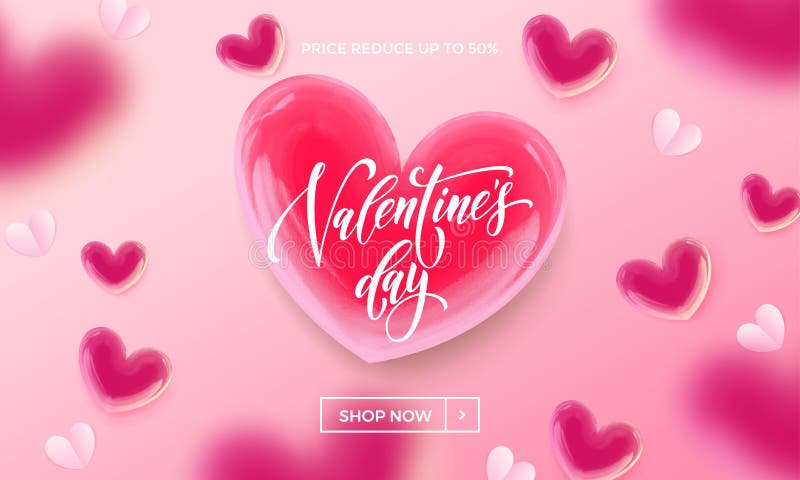 Valentines day sale shopping banner or poster design template of red valentine hearts pattern on pink background. Vector Valentine