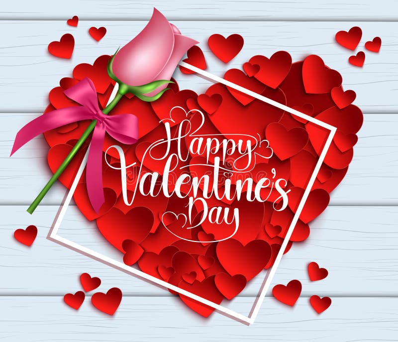 Valentines heart vector background design. Happy valentine`s day text in heart shape with frame and pink rose element.