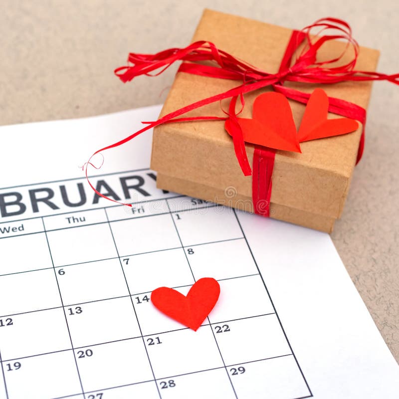 Valentines-kaart voor daggroeten Cadeaudoos voor februari agenda Bovenaanzicht